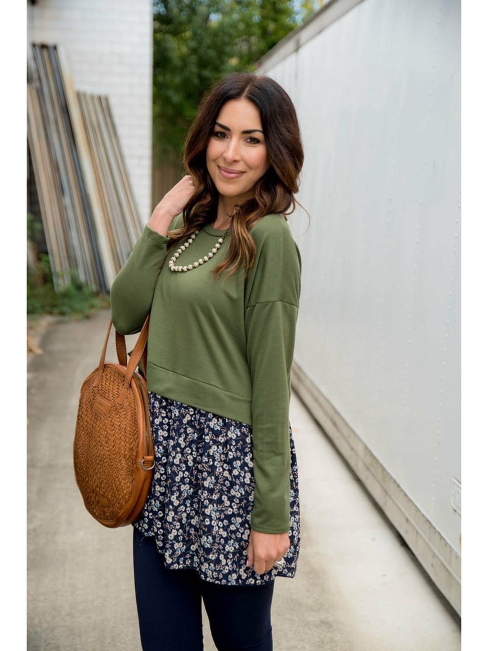 NWOT Betsey's Boutique Olive Green and Floral Layered Knit Top- Small